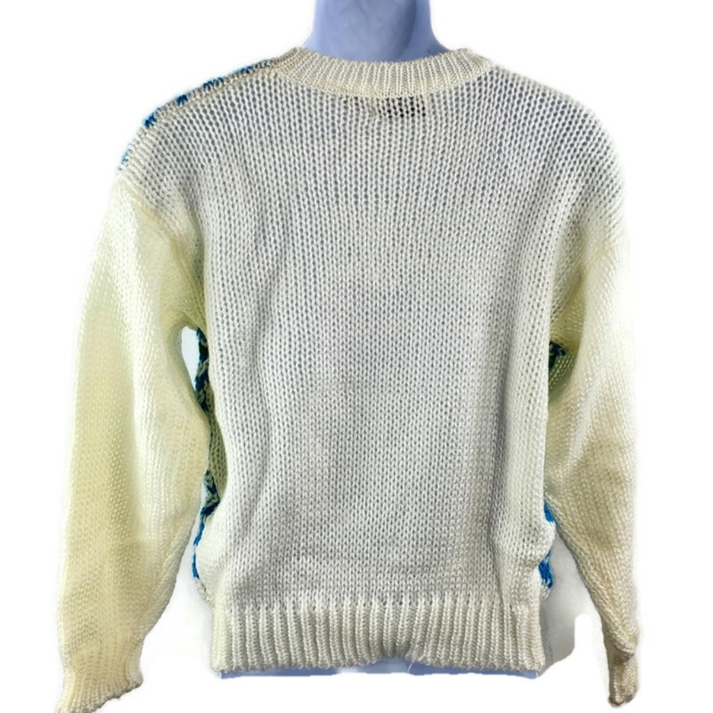 80s Vintage Womens Sweater White Blue Pink Green Geometric Flowers Size Medium - Picture 7 of 7